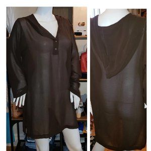 brown sheer mesh coverup with hoodie